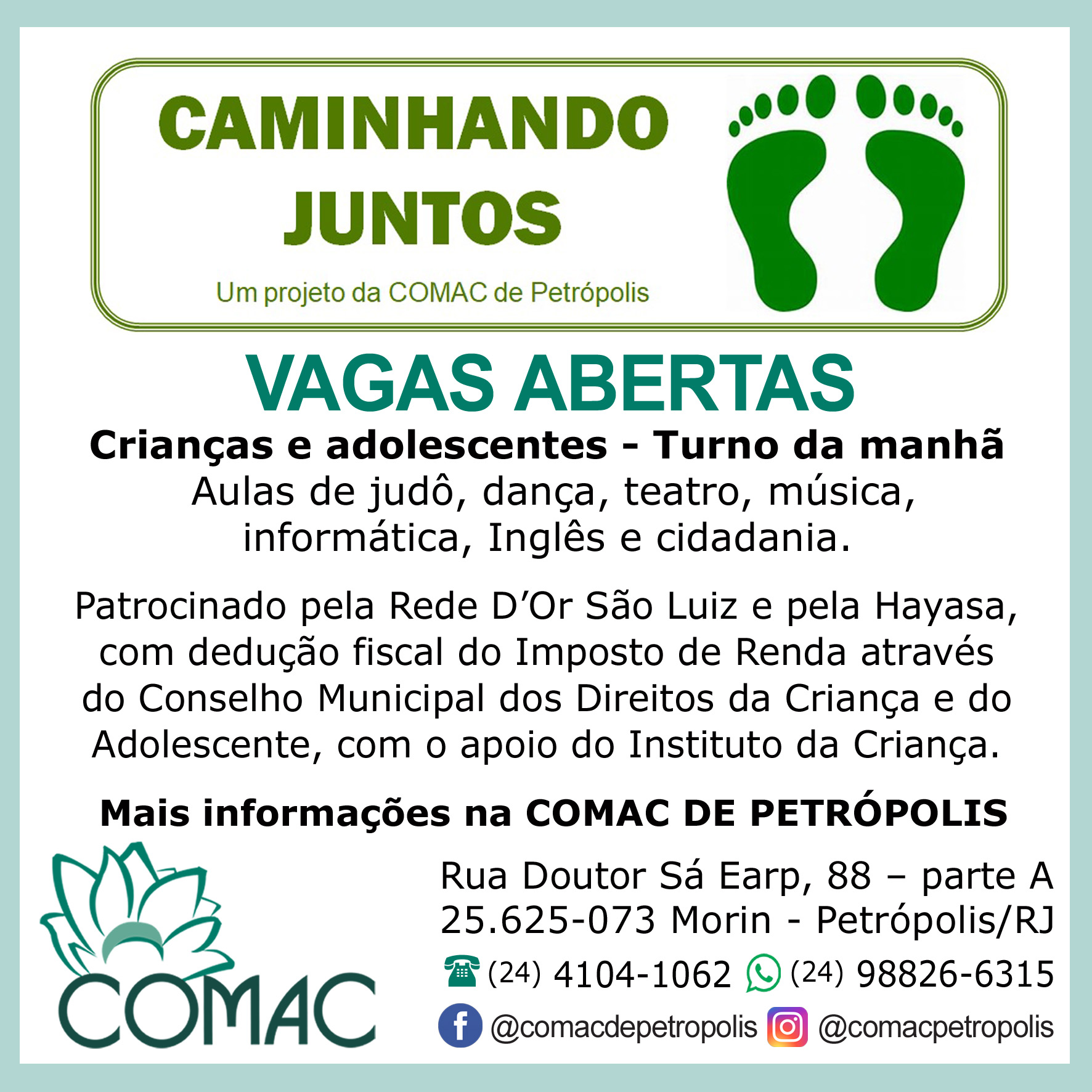 Petrópolis: COMAC abre inscrições para o projeto “Caminhando Juntos”