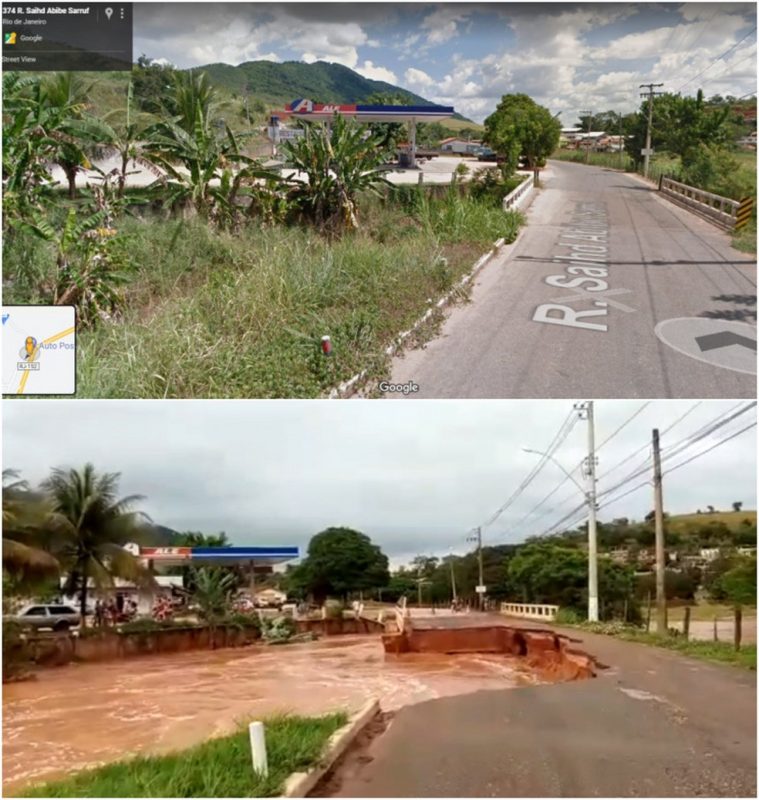 Antes e depois de estrada que foi levada pela chuva em Itaocara, no RJ — Foto: Imagem superior: Google Maps; imagem inferior: reprodução/Redes Sociais