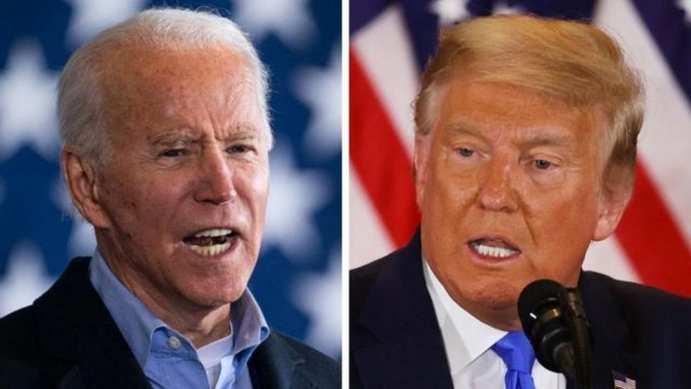 Em 2020, a disputa das eleições americanas entre o democrata Joe Biden (à esquerda na foto) e o republicano Donald Trump (à direita) foram acompanhadas com apreensão. Durante a apuração, foi observado um aumento nas internações por doenças cardiovasculares na Califórnia — Foto: GETTY IMAGES/BBC