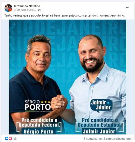 Jerominho anunciou nas redes sociais apoio a Sérgio Porto e Jalmir Júnior