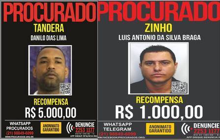 Cartazes oferecem recompensa por informaçõesque levem até as prisões de Tandera e Zinho