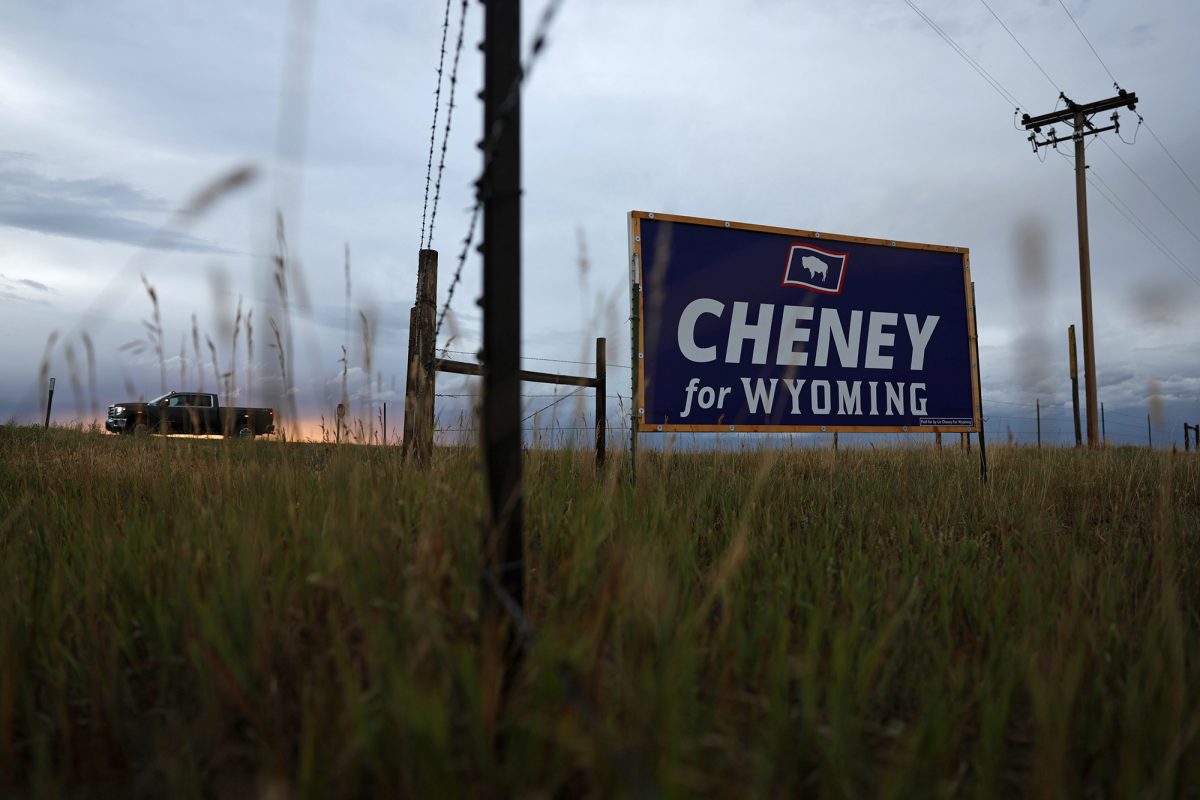 A campaign sign for Rep. Liz Cheney is posted in Laramie, Wyoming, on Aug. 14.