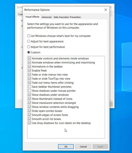 Desativar efeitos especiais Aba de efeitos visuais nas Opções de desempenho no Windows 10