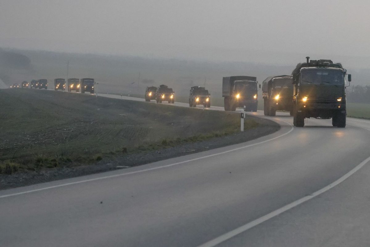 A convoy of Russian military vehicles is seen February 23 in the Rostov region of Russia, which runs along Ukraine