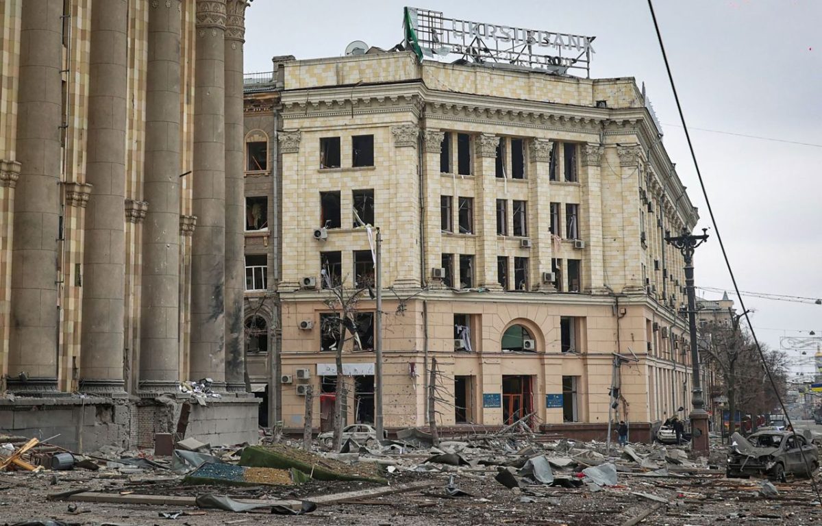 An administrative building is seen in Kharkiv after Russian shelling on March 1. Russian forces have scaled up their bombardment of Kharkiv, Ukraine