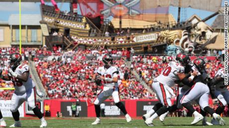 Brady looks for an open receiver during the game against the Falcons.