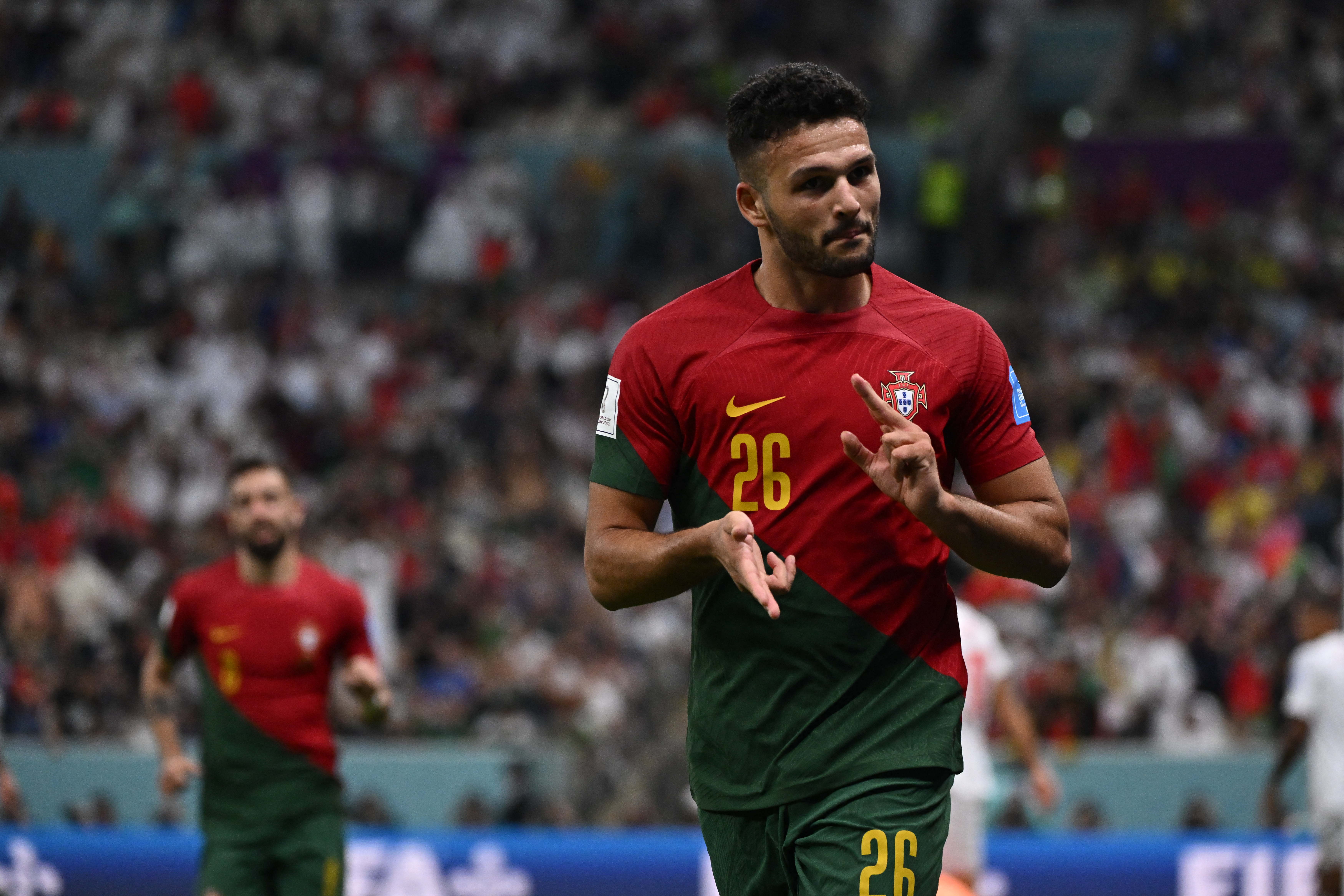 Portugal x Suíça Gonçalo Ramos comemora um dos três gols marcados diante dos suíços -