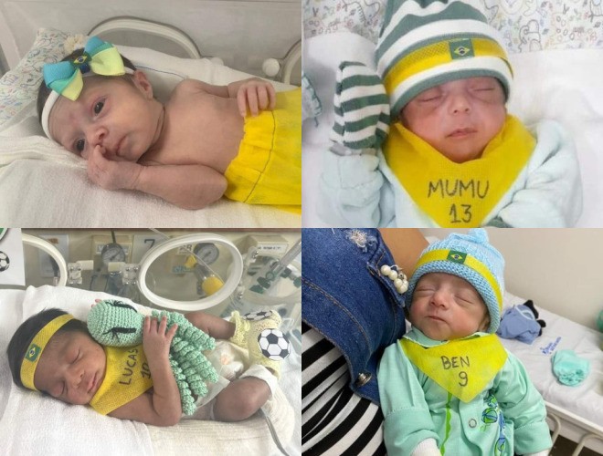 Bebês prematuros são vestidos com as cores do Brasil em UTI neonatal de Volta Redonda: 'Craques e vencedores', diz médica