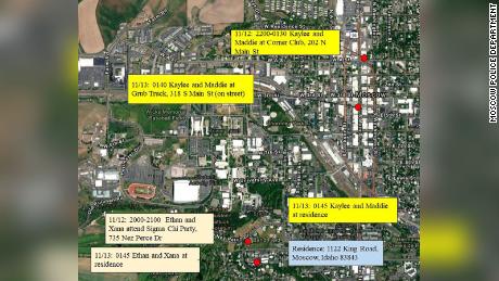 Investigators have released a map depicting the movements of four University of Idaho students the night they were killed.