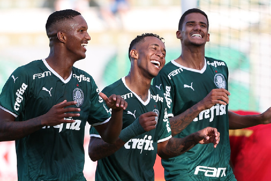 Jogadores do alviverde comemoram um dos seis gols do Palmeiras sobre o Sampaio Correa