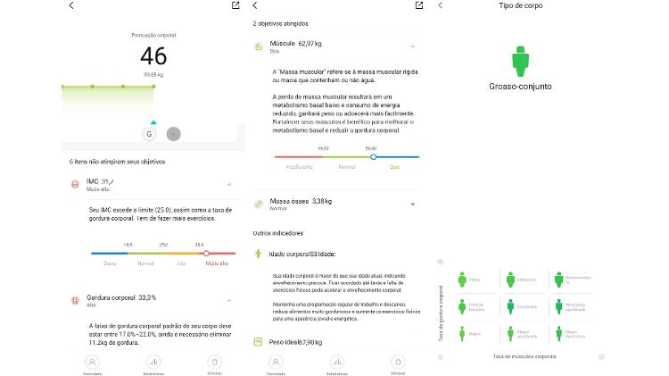 Capturas de tela do app Zepp Life com análise feita baseada em medições da balança de bioimpedância da Xiaomi - Reprodução - Reprodução