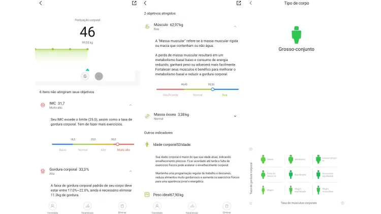 Capturas de tela do app Zepp Life com análise feita baseada em medições da balança de bioimpedância da Xiaomi - Reprodução - Reprodução