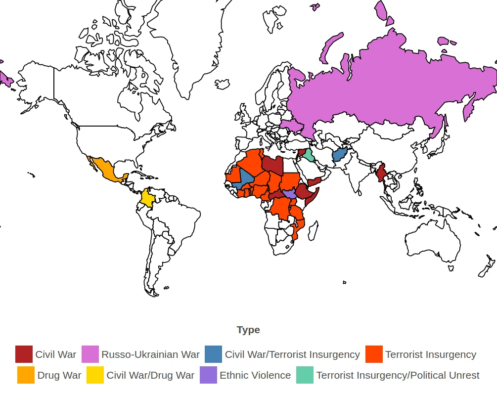 mapa mostra países que estão em guerra em 2023 Plantão dos Lagos