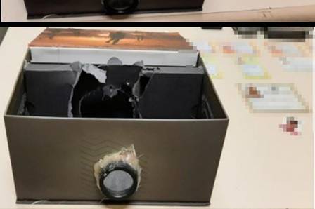 Caixa usada pelo suspeito para camuflar um dispositivo de gravação