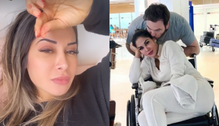 Montagem com Maíra Cardi deitada e na cadeira de rodas