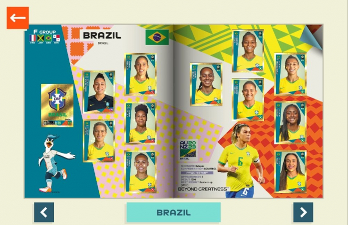 As duas páginas do Brasil completas no álbum de figurinhas da Copa do Mundo feminina