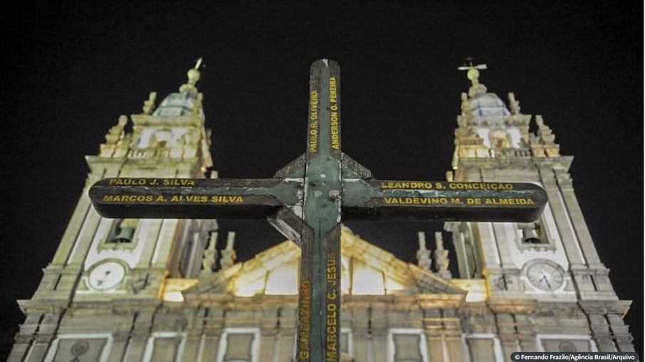 Igreja da Candelária no Rio de Janeiro com cruz em memória das crianças em situação de rua assassinadas por policiais militares Igreja da Candelária no Rio de Janeiro com cruz em memória das crianças em situação de rua assassinadas por policiais militares