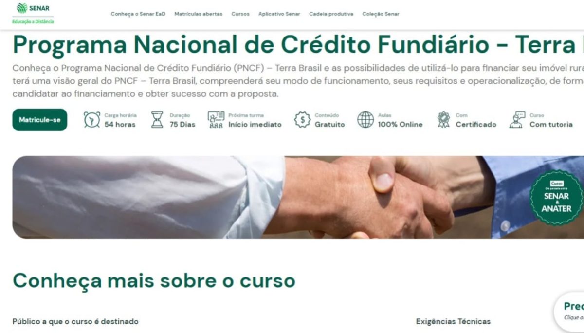 Curso ensina como acessar crédito fundiário para comprar imóveis rurais 3 Curso é online e gratuito pela plataforma de educação à distância do Senar.