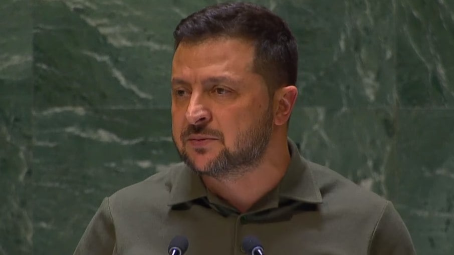 Presidente da Ucrânia, Volodymyr Zelensky, discursando na 78º Sessão da Assembleia Geral da ONU Presidente da Ucrânia, Volodymyr Zelensky, discursando na 78º Sessão da Assembleia Geral da ONU