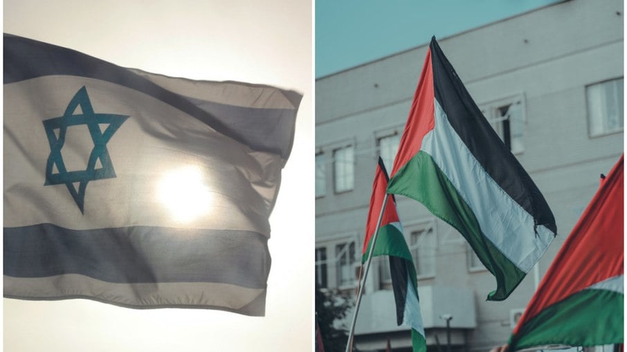 Bnadeira de Israel e bandeira da Palestina, respectivamente Bnadeira de Israel e bandeira da Palestina, respectivamente