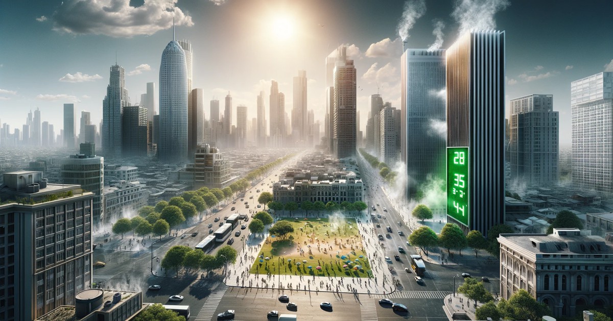 A imagem ilustrando o conceito de Ilha de Calor Urbano foi criada, mostrando um cenário de cidade durante um dia quente de verão, evidenciando o contraste entre áreas urbanas densas e espaços verdes escassos. (Imagem gerada por IA)