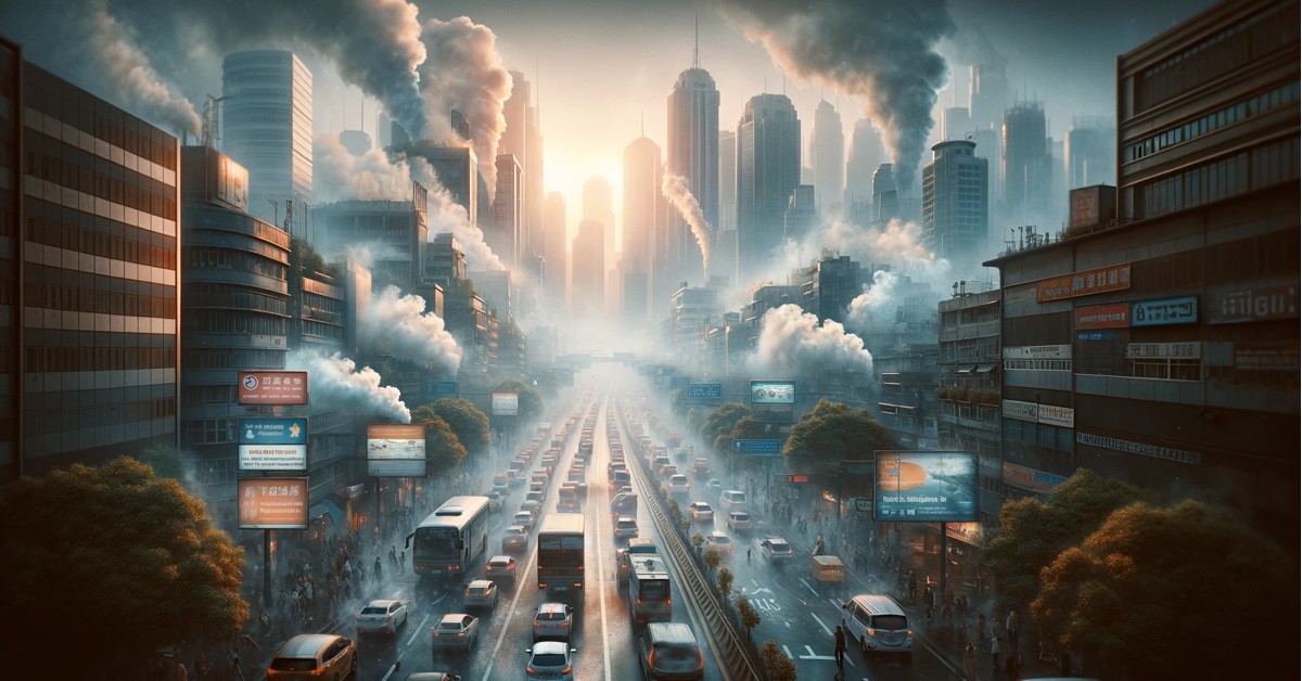 A imagem foi criada para ilustrar a questão da poluição atmosférica em um ambiente urbano, destacando o impacto da atividade humana na qualidade do ar e a necessidade urgente de medidas de proteção ambiental (Imagem gerada por IA)