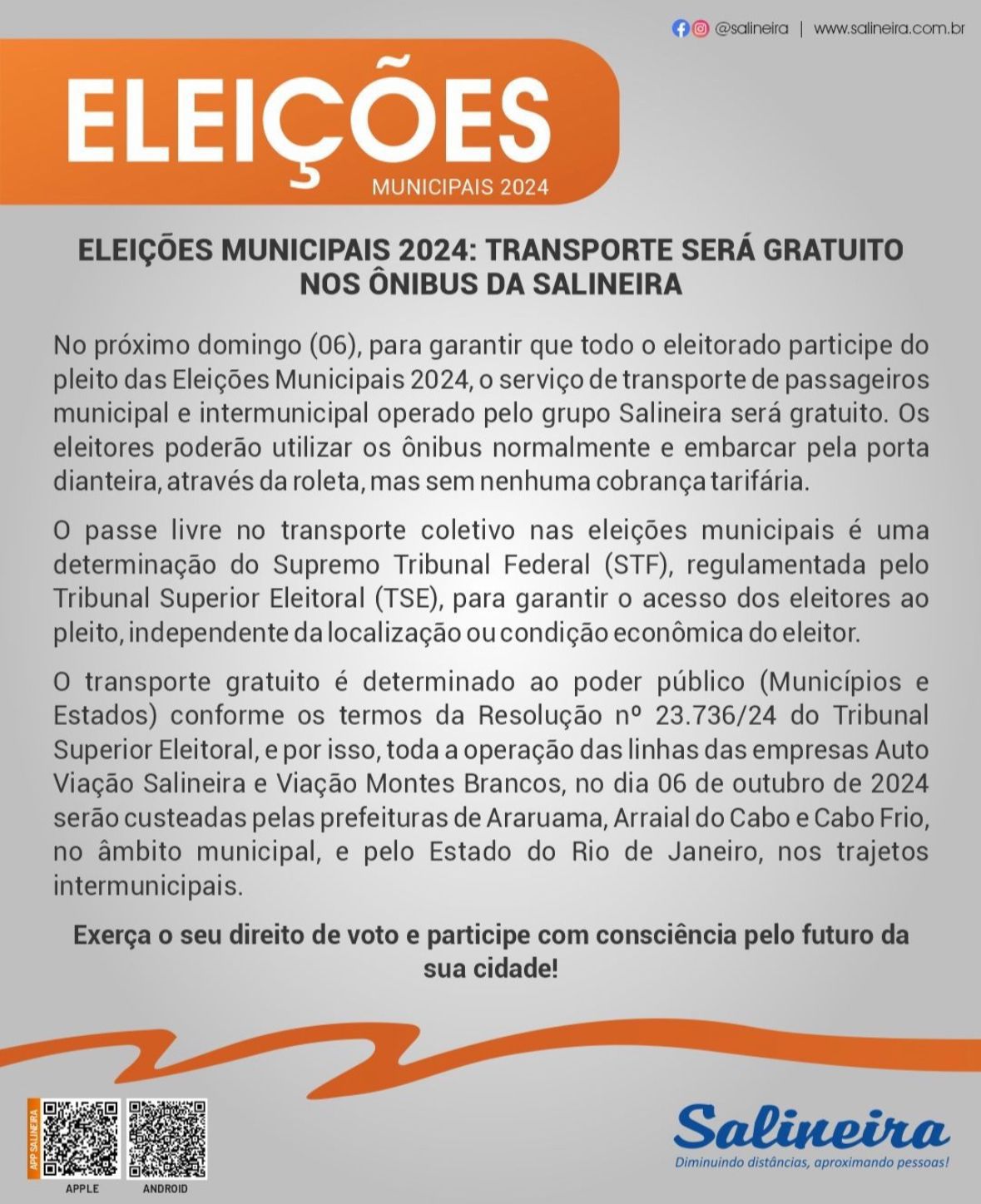 Eleições Municipais 2024: transporte será gratuito nos ônibus da Salineira