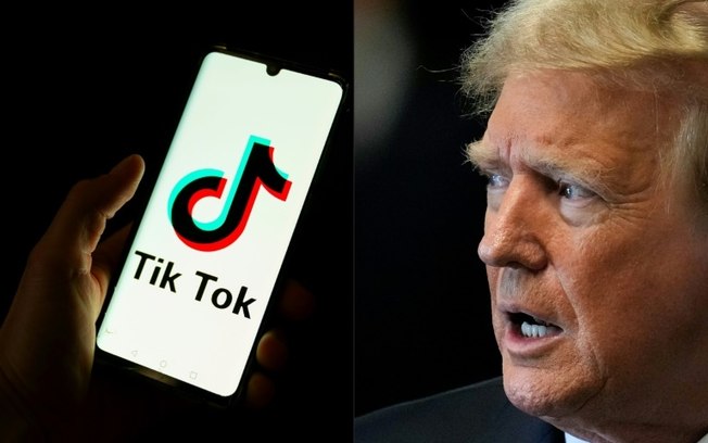 Combinação de fotos criada em 2 de junho de 2024 mostra um homem segurando um celular com o logo do TikTok e o presidente eleito dos Estados Unidos, Donald Trump