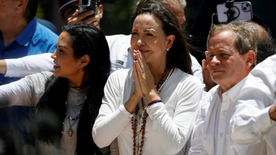 Líder da oposição venezuelana Maria Corina Machado durante uma manifestação em Caracas em 28 de agosto de 2024