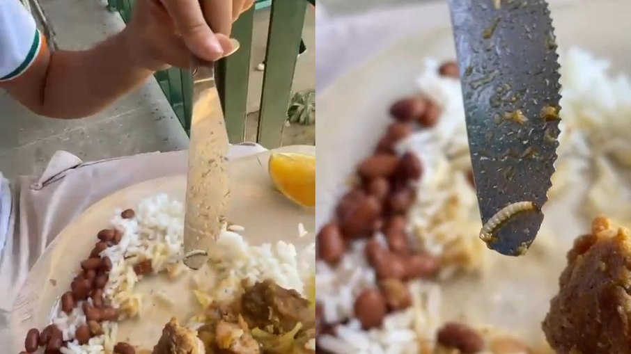 Aluno mostra larva que estava na refeição servida na escola