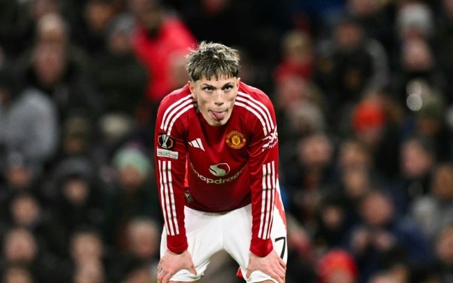 O meio-campista argentino Alejandro Garnacho durante a partida da Liga Europa entre Manchester United e Rangers em Old Trafford, Manchester, em 23 de janeiro de 2025