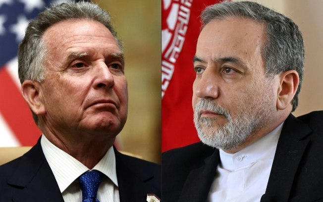 Combinação de imagens do enviado dos EUA para o Oriente Médio, Steve Witkoff, em 18 de fevereiro de 2025, em Riade, e do ministro das Relações Exteriores iraniano, Abbas Araqch, em Jidá, em 7 de março de 2025