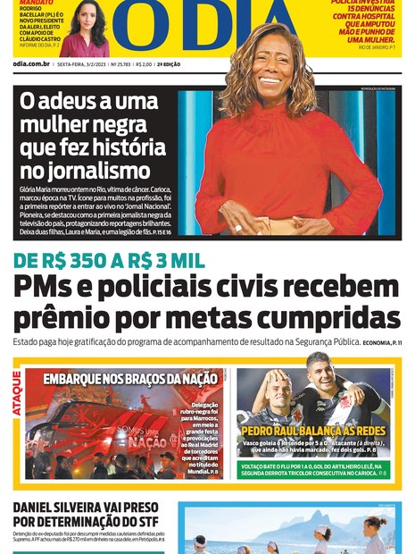 Capa do jornal O DIA, de fevereiro de 2023, que destaca a morte da jonralista Glória Maria