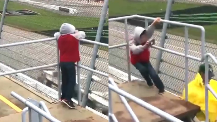 Menino quase cai ao filmar NASCAR por rajada de vento de carros Menino quase cai ao filmar NASCAR por rajada de vento de carros