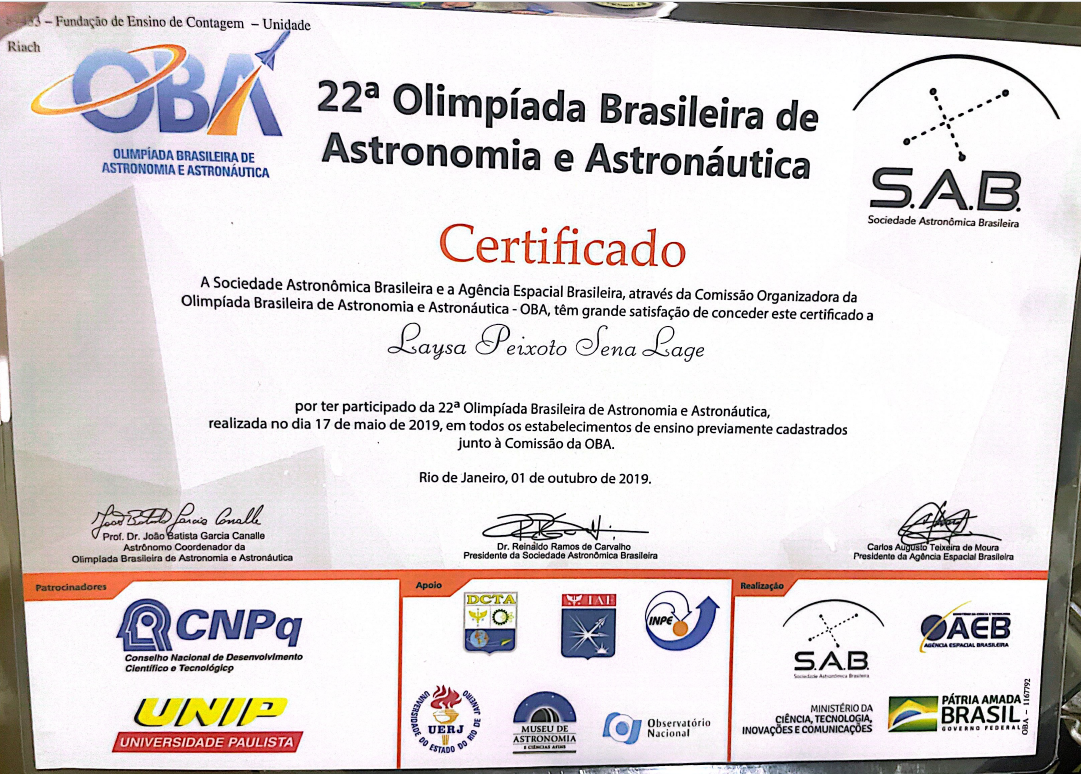 Divulgação / Defesa de Laysa Peixoto Certificado de participação na 22ª edição da Olimpíada Brasileira de Astronomia e Astronáutica (OBA), realizada em maio de 2019. Divulgação / Defesa de Laysa Peixoto