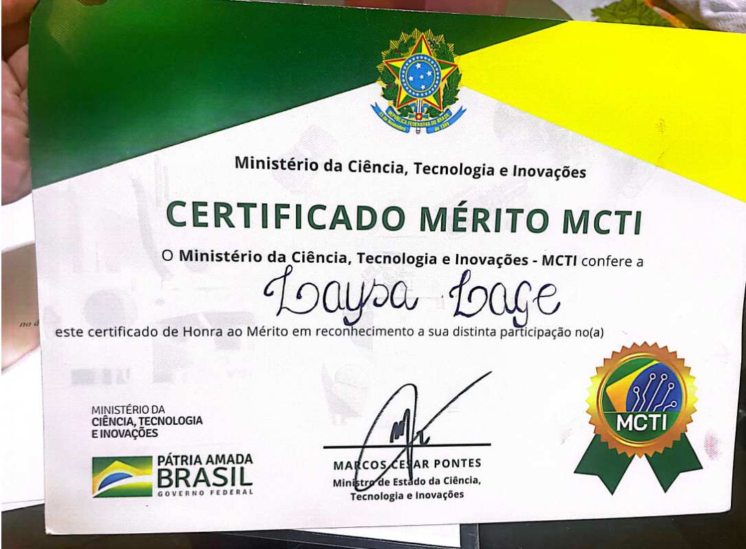 Divulgação / Defesa de Laysa Peixoto Certificado de mérito emitido pelo MCTI em nome de Laysa Lage. Divulgação / Defesa de Laysa Peixoto