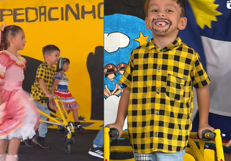 Inclusão: menino com paralisia cerebral brilha na festa junina da escola ao lado coleguinhas; vídeo A carinha de alegria do Enzo. O menino, com paralisia cerebral, deu um show na apresentação da festa junina da escola, ao lado dos coleguinhas, em Brasília. - Foto: @souenzoamorim