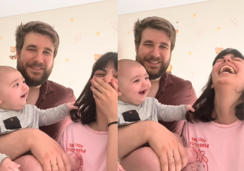 Pais gravam sem querer primeira gargalhada do filho e o vídeo faz o mundo todo rir; assista Os pais, de Portugal, conseguraim captar a primeira gargalhada do filho e o momento lindo viralizou no mundo. - Foto: @joaleesi/TikTok