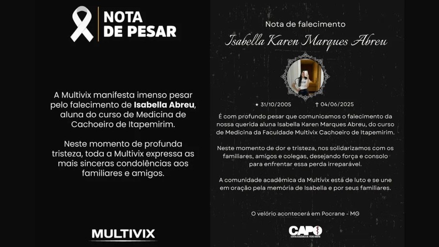 Nota de pesar divulgada nas redes sociais Nota de pesar divulgada nas redes sociais