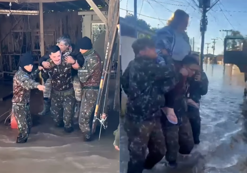 Exército ajuda a resgatar idosos ilhados nas enchentes do RS; vídeo Oficiais do exército montaram uma força-tarefa para resgatar idosos ilhados dentro de casa, em cidades inundadas pelas chuvas no Rio Grande do Sul. - Foto: reprodução redes sociais