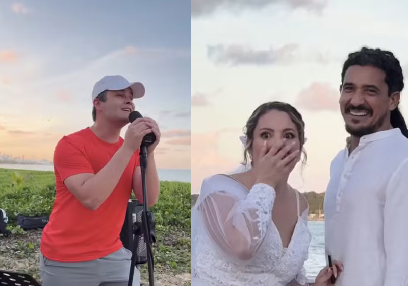 Matheus da dupla com Kaian aparece de surpresa e canta para noiva em casamento na praia; vídeo Matheus, da dupla com Kauan, surpreendeu a noiva em um casamento na Paraíba. - Foto: @matheusekauan/Instagram