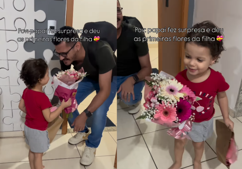 Pai surpreende filha de 3 anos com primeiro buquê de flores e a reação dela encanta; vídeo O pai surpreendeu a filha com o primeiro buquê de flores da vida dela e a reação da garotinha encantou as redes. - Foto: @jheniferv_/Instagram