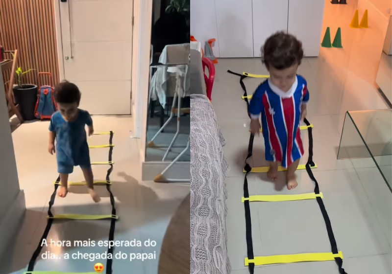 Atleta fofinho! Menino de 2 anos faz circuito de treino montado pelo pai e viraliza O menino Felipe, de Salvador, tem apenas 2 anos e adora fazer o circuito de treino com o pai. - Foto: @manucalomenii/Instagram