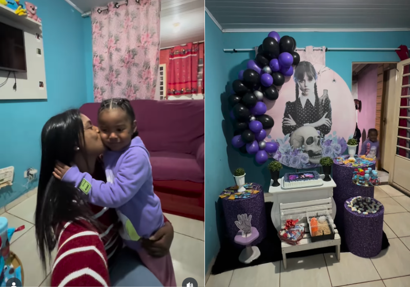Menina se emociona ao ganhar festa dos sonhos da Wandinha; vídeo viral Em Ibiúna (SP), a mãe Daiane emociona a menina Ana Laura com a festa dos sonhos dela: tema Wandinha. - Foto: @daiane_morenavendedora