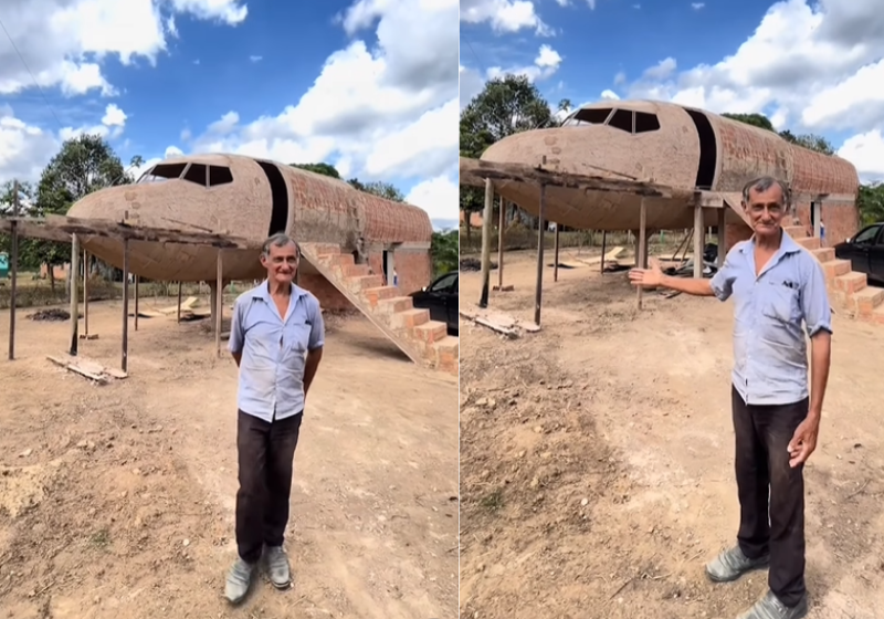 Brasileiro constrói casa em formato de avião, realiza sonho e local vira ponto turístico; vídeo Seu Geraldo construiu a casa em formato de avião no sítio onde vive no Ceará. Agora quer decorá-la exatamente como um Boeing. - Foto: aquiviagem