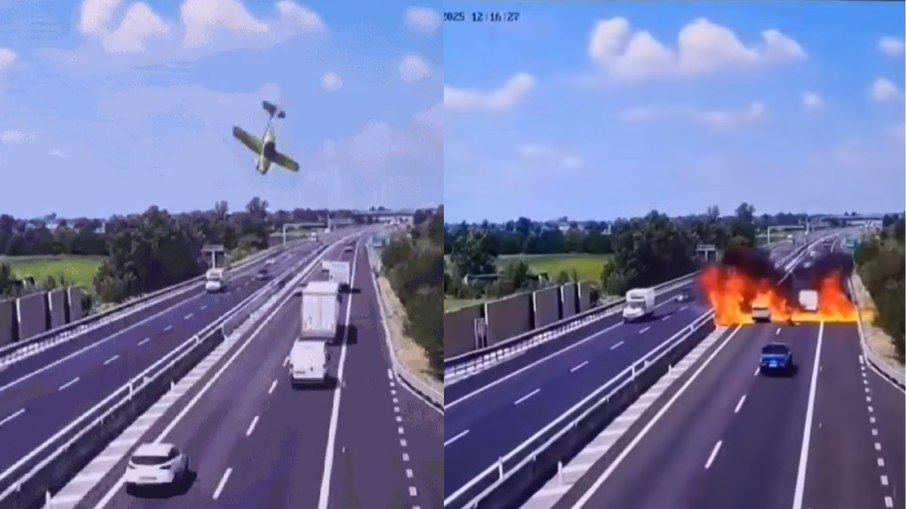 Momento em que avião cai em rodovia Momento em que avião cai em rodovia