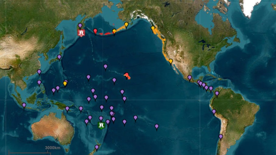 Mapa mostra alertas e ameaças de tsunami no Pacífico