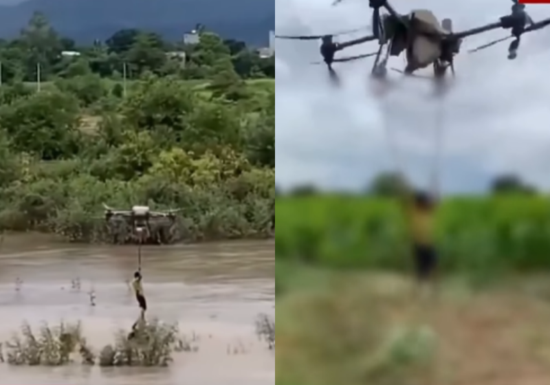 Fazendeiro resgata pessoas de enchente com drone de R$ 150 mil; vídeo O fazendeiro Tran Van Nghia resgata duas pessoas que estavam presas em uma enchente com um drone agrícola, no Vietnã. - Foto: reprodução redes sociais