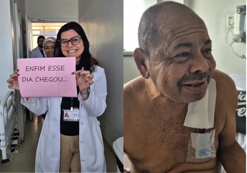 Hospital faz festa na alta de paciente que ficou 399 dias internado; vídeo O hospital da Bahia fez uma festa linda para o paciente Edísio, que ficou mais de um ano internado e finalmente recebeu alta. - Foto: reprodução redes sociais