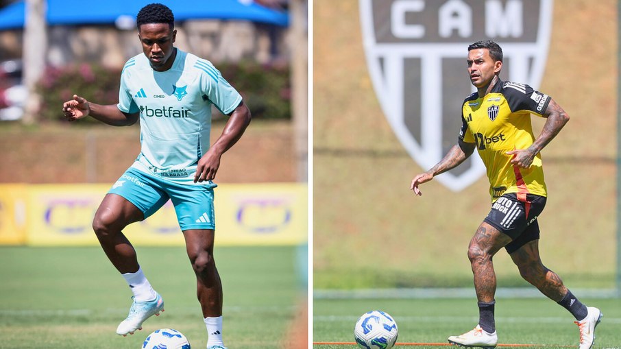 Montagem: Dudu (Atlético-MG) e Sinisterra (Cruzeiro) treinam para jogo da Copa do Brasil Montagem: Dudu (Atlético-MG) e Sinisterra (Cruzeiro) treinam para jogo da Copa do Brasil